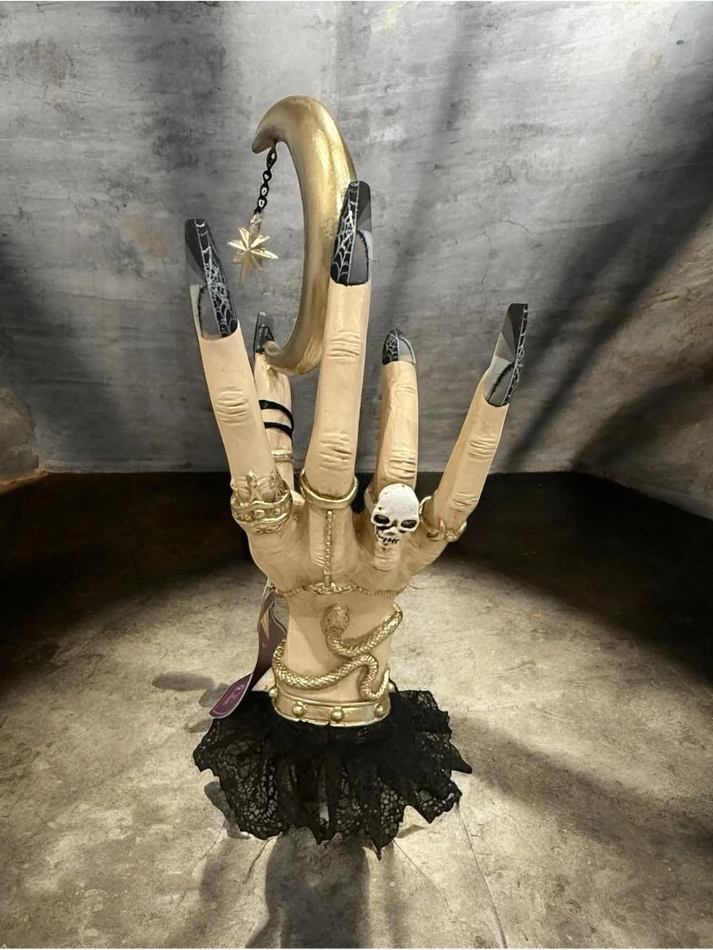 Gothic Celestial Witch Hand Crescent Moon Statue Black Lace Halloween Home Decor